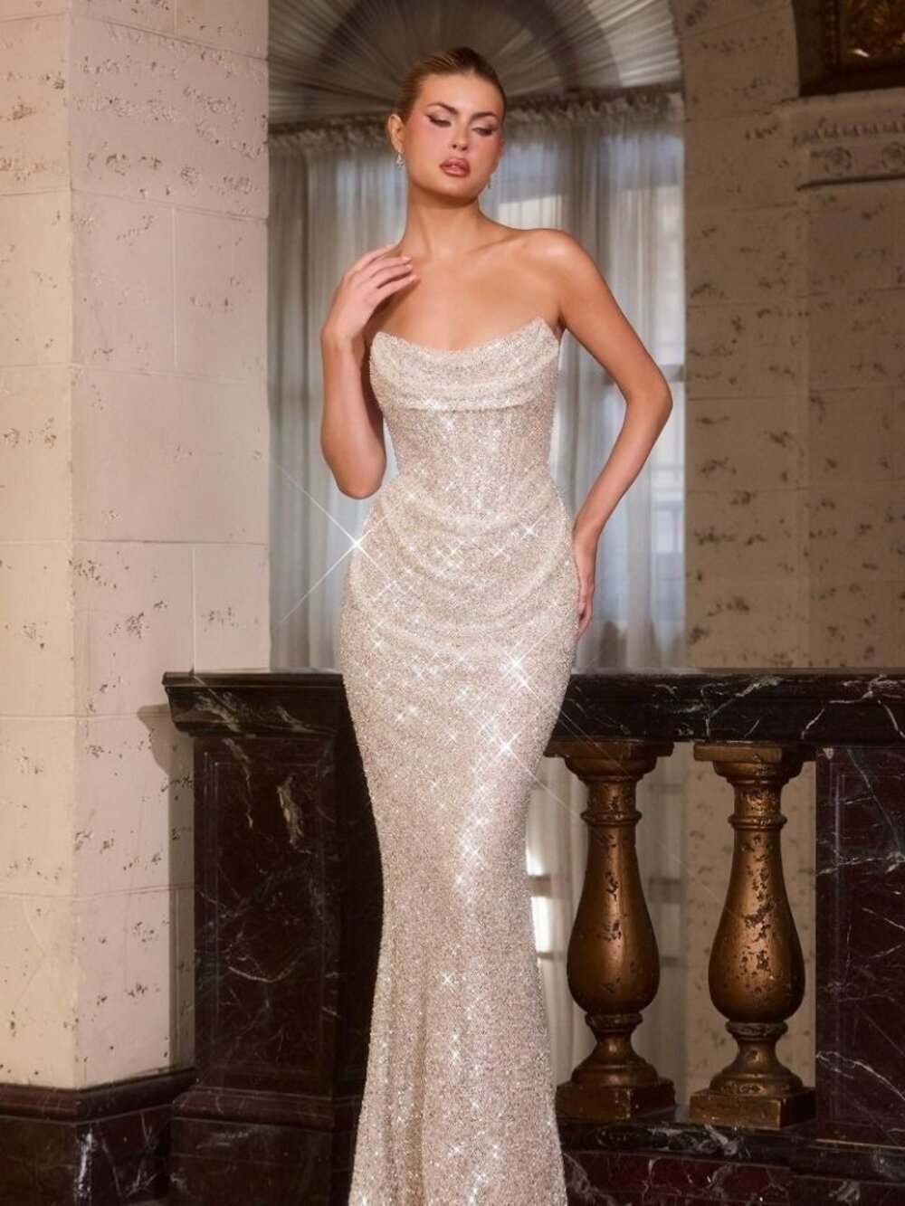 New Platinum Strapless Sequins Embellished Maxi Pageant Gown w/Scoop Neck CD396